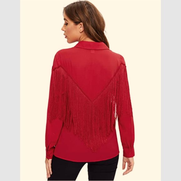 New with Tags Verdusa Women's Fringe-Trim Red Blouse, Size XL - Picture 9 of 12